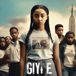 Create a movie poster for 'The Hate U Give' featuring Starr, a 16-year-old girl played by Amandla Stenberg with long braids and a serious expression, standing in the front