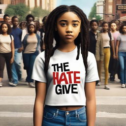 Create a movie poster for 'The Hate U Give' featuring Starr, a 16-year-old girl played by Amandla Stenberg with long braids and a serious expression, standing in the front