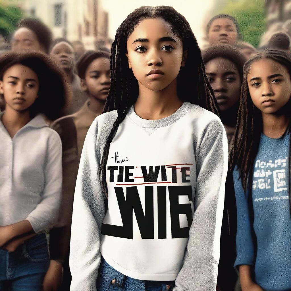 Create a movie poster for 'The Hate U Give' featuring Starr, a 16-year-old girl played by Amandla Stenberg with long braids and a serious expression, standing in the front