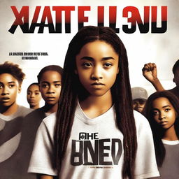 Create a movie poster for 'The Hate U Give' featuring Starr, a 16-year-old girl played by Amandla Stenberg with long braids and a serious expression, standing in the front