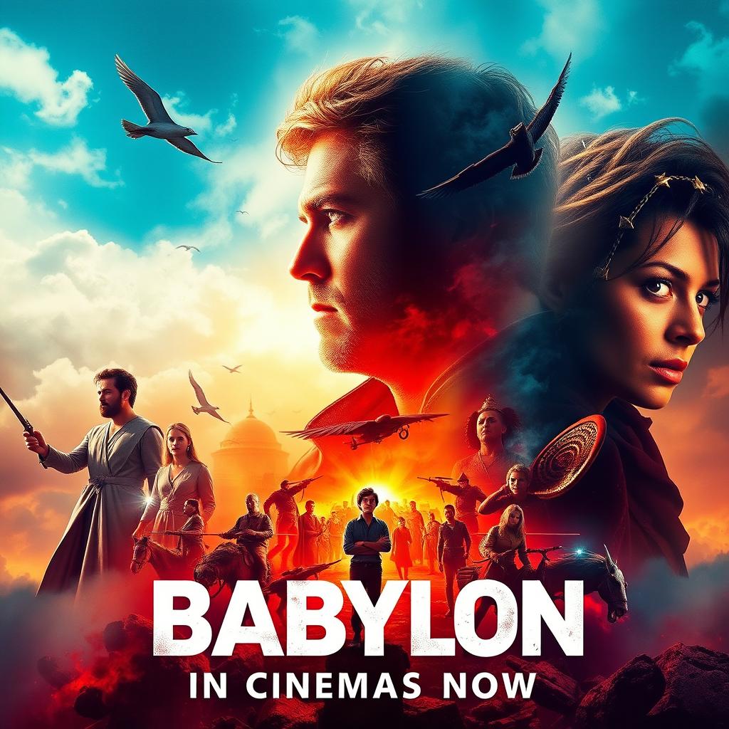 A vibrant and eye-catching movie poster for the film 'Babylon,' showcasing its release in cinemas now