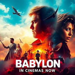 A vibrant and eye-catching movie poster for the film 'Babylon,' showcasing its release in cinemas now