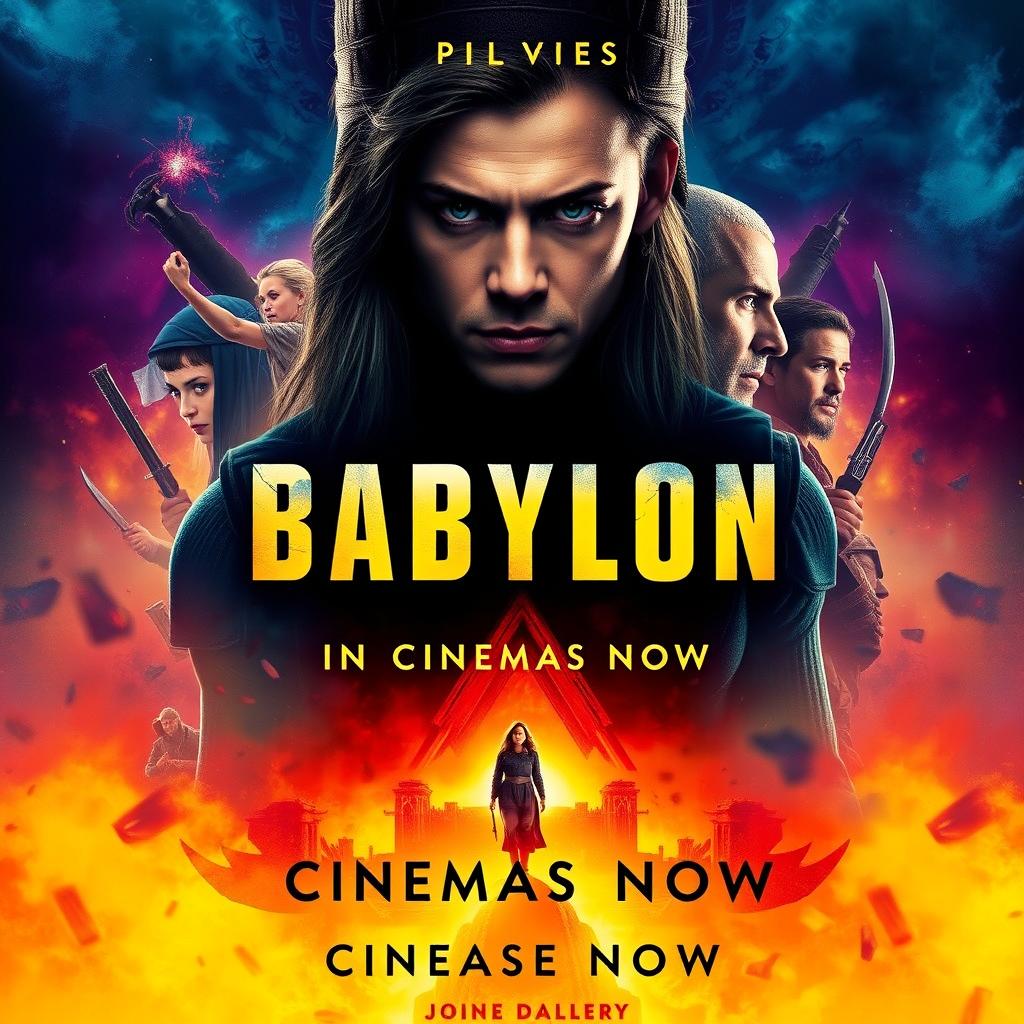 A vibrant and eye-catching movie poster for the film 'Babylon,' showcasing its release in cinemas now