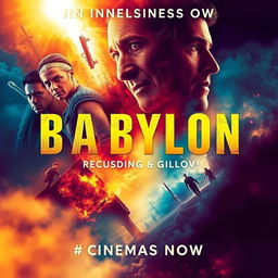 A vibrant and eye-catching movie poster for the film 'Babylon,' showcasing its release in cinemas now