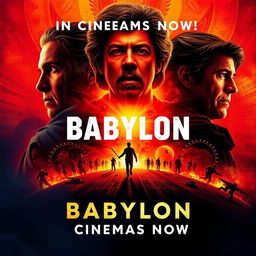 A vibrant and eye-catching movie poster for the film 'Babylon,' showcasing its release in cinemas now