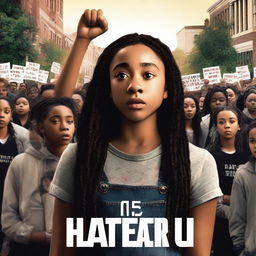 Create a movie poster for 'The Hate U Give' featuring Starr, an 18-year-old girl who resembles Amandla Stenberg with long braids and a serious expression, standing in the front