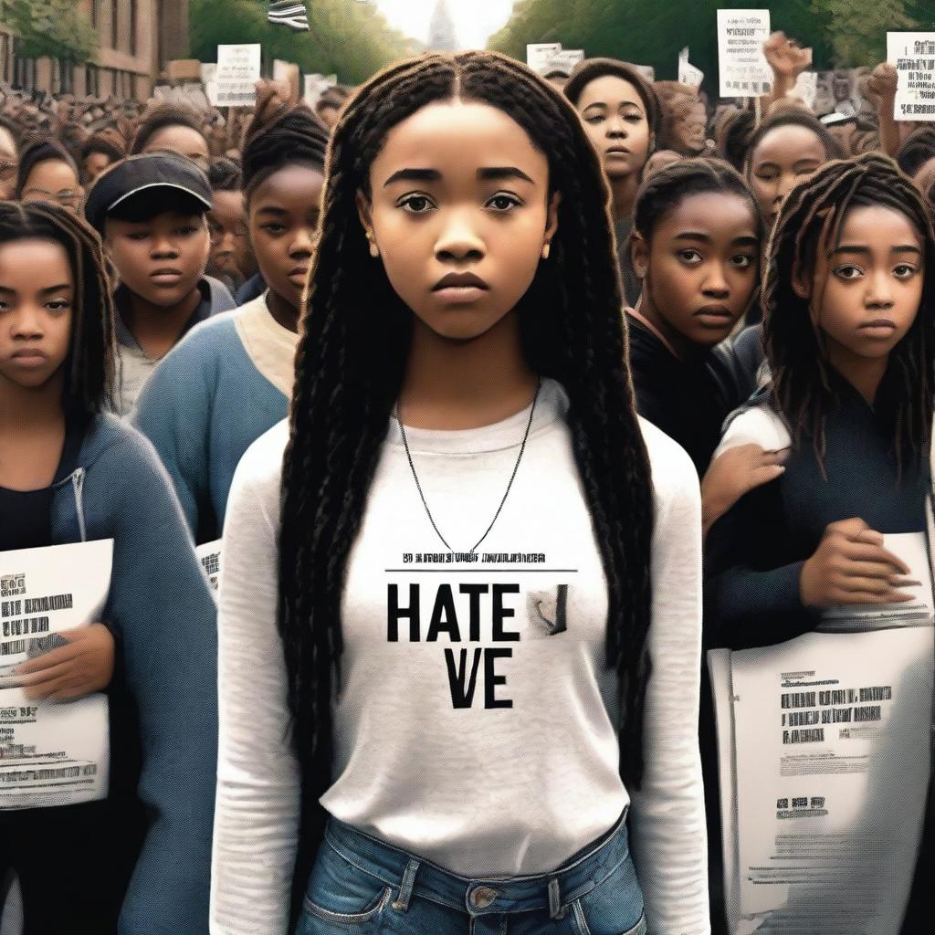 Create a movie poster for 'The Hate U Give' featuring Starr, an 18-year-old girl who resembles Amandla Stenberg with long braids and a serious expression, standing in the front