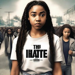 Create a movie poster for 'The Hate U Give' featuring Starr, an 18-year-old girl who resembles Amandla Stenberg with long braids and a serious expression, standing in the front