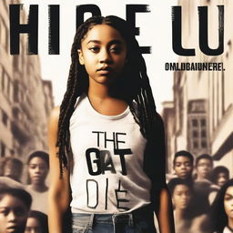 Create a movie poster for 'The Hate U Give' featuring Starr, an 18-year-old girl who resembles Amandla Stenberg with long braids and a serious expression, standing in the front