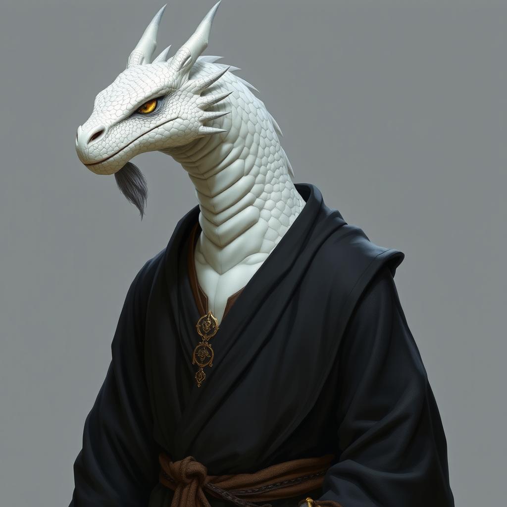 A white-scaled dragonborn monk wearing simple black clothes with golden details, a sparse gray beard, and golden eyes