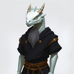 A white-scaled dragonborn monk wearing simple black clothes with golden details, a sparse gray beard, and golden eyes