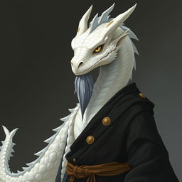 A white-scaled dragonborn monk wearing simple black clothes with golden details, a sparse gray beard, and golden eyes