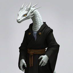 A white-scaled dragonborn monk wearing simple black clothes with golden details, a sparse gray beard, and golden eyes