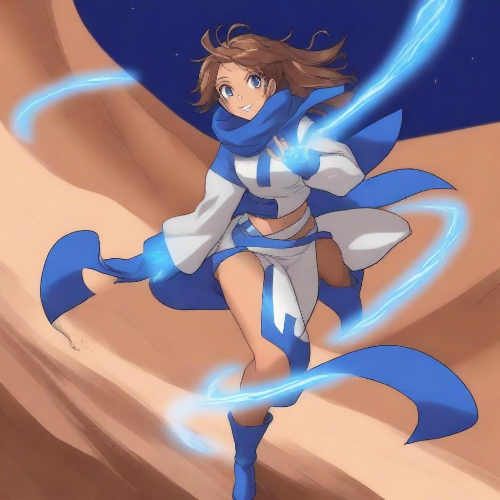 A light brown-skinned manga city girl with swag, wearing a blue and white costume and legendary blue thunder boots