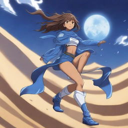 A light brown-skinned manga city girl with swag, wearing a blue and white costume and legendary blue thunder boots