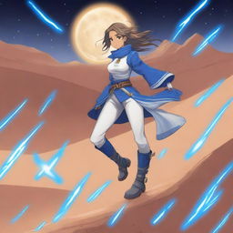 A light brown-skinned manga city girl with swag, wearing a blue and white costume and legendary blue thunder boots