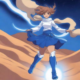 A light brown-skinned manga city girl with swag, wearing a blue and white costume and legendary blue thunder boots