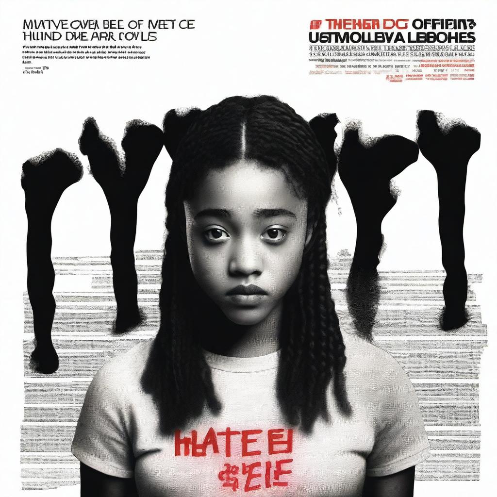 Create a movie poster for 'The Hate U Give' featuring a full-body image of 16-year-old Starr, played by Amandla Stenberg, who has long braids and a serious expression, in the front