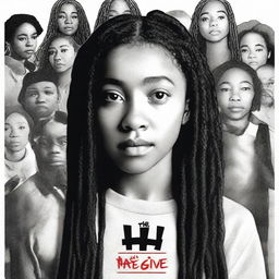 Create a movie poster for 'The Hate U Give' featuring a full-body image of 16-year-old Starr, played by Amandla Stenberg, who has long braids and a serious expression, in the front