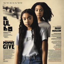 Create a movie poster for 'The Hate U Give' featuring a full-body image of 16-year-old Starr, played by Amandla Stenberg, who has long braids and a serious expression, in the front