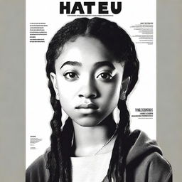 Create a movie poster for 'The Hate U Give' featuring a full-body image of 16-year-old Starr, played by Amandla Stenberg, who has long braids and a serious expression, in the front