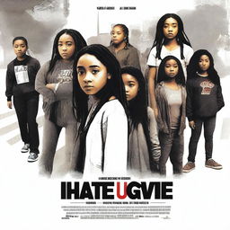 Create a movie poster for 'The Hate U Give' featuring a full-body image of 16-year-old Starr, played by Amandla Stenberg, who has long braids and a serious expression, in the front