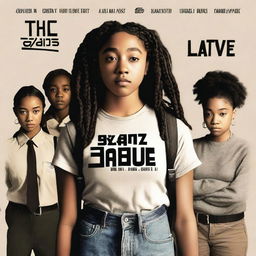 Create a movie poster for 'The Hate U Give' featuring a full-body image of 16-year-old Starr, played by Amandla Stenberg, who has long braids and a serious expression, in the front