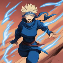 A light brown-skinned manga city girl with swag, dressed in a blue and white costume and wearing legendary blue thunder boots, speeds as fast as lightning through a desert dune