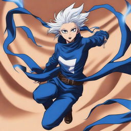 A light brown-skinned manga city girl with swag, dressed in a blue and white costume and wearing legendary blue thunder boots, speeds as fast as lightning through a desert dune