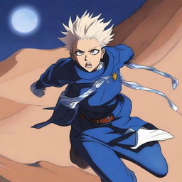 A light brown-skinned manga city girl with swag, dressed in a blue and white costume and wearing legendary blue thunder boots, speeds as fast as lightning through a desert dune