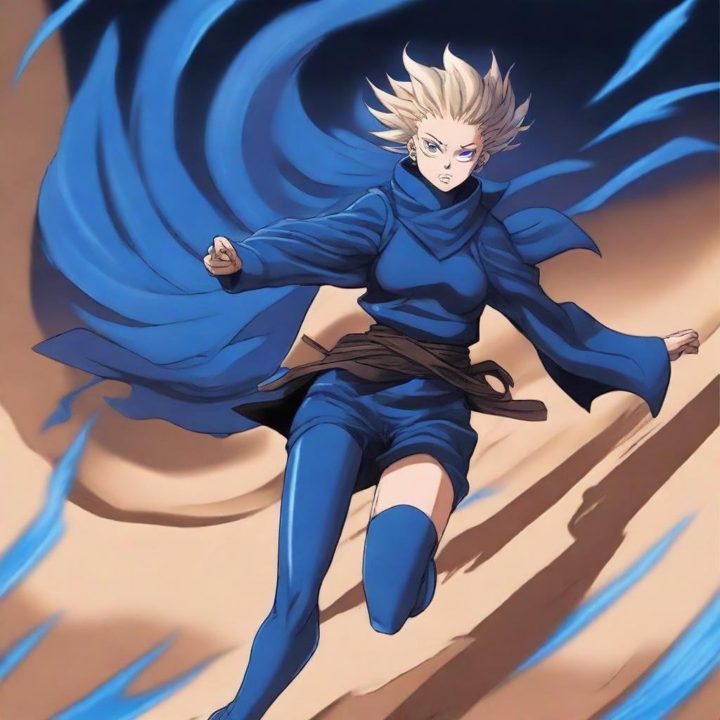 A light brown-skinned manga city girl with swag, dressed in a blue and white costume and wearing legendary blue thunder boots, speeds as fast as lightning through a desert dune