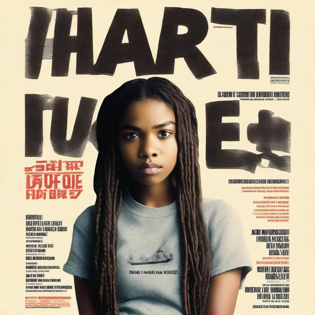 Create a movie poster for 'The Hate U Give' featuring a full-body image of 16-year-old Starr, who has long braids and a serious expression, in the front