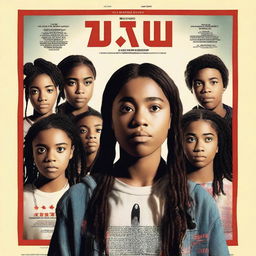 Create a movie poster for 'The Hate U Give' featuring a full-body image of 16-year-old Starr, who has long braids and a serious expression, in the front