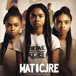 Create a movie poster for 'The Hate U Give' featuring a full-body image of 17-year-old Starr, who has long braids and a serious expression, in the front