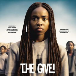 Create a movie poster for 'The Hate U Give' featuring a full-body image of 17-year-old Starr, who has long braids and a serious expression, in the front