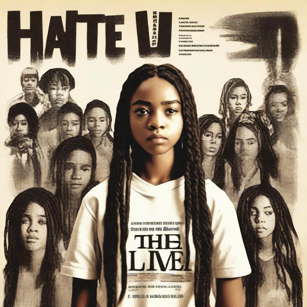 Create a movie poster for 'The Hate U Give' featuring a full-body image of 17-year-old Starr, who has long braids and a serious expression, in the front