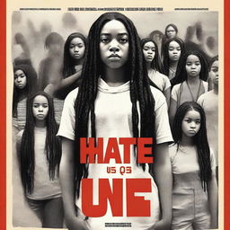 Create a movie poster for 'The Hate U Give' featuring a full-body image of 17-year-old Starr, who has long braids and a serious expression, in the front