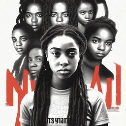 Create a movie poster for 'The Hate U Give' featuring a full-body image of 17-year-old Starr, who has long braids and a serious expression, in the front