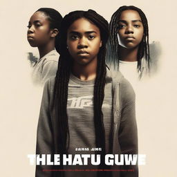 Create a movie poster for 'The Hate U Give' featuring a full-body image of 17-year-old Starr, who has long braids and a serious expression, in the front