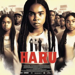 Create a movie poster for 'The Hate U Give' featuring a full-body image of 17-year-old Starr, who has long braids and a serious expression, in the front