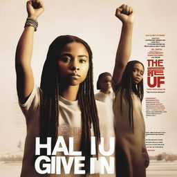 Create a movie poster for 'The Hate U Give' featuring a full-body image of 17-year-old Starr, who has long braids and a serious expression, in the front