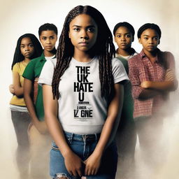 Create a movie poster for 'The Hate U Give' featuring a full-body image of 17-year-old Starr, who has long braids and a serious expression, in the front