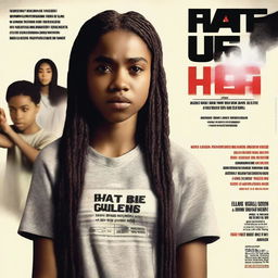 Create a movie poster for 'The Hate U Give' featuring a full-body image of 17-year-old Starr, who has long braids and a serious expression, in the front