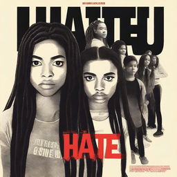 Create a movie poster for 'The Hate U Give' featuring a full-body image of 17-year-old Starr, who has long braids and a serious expression, in the front