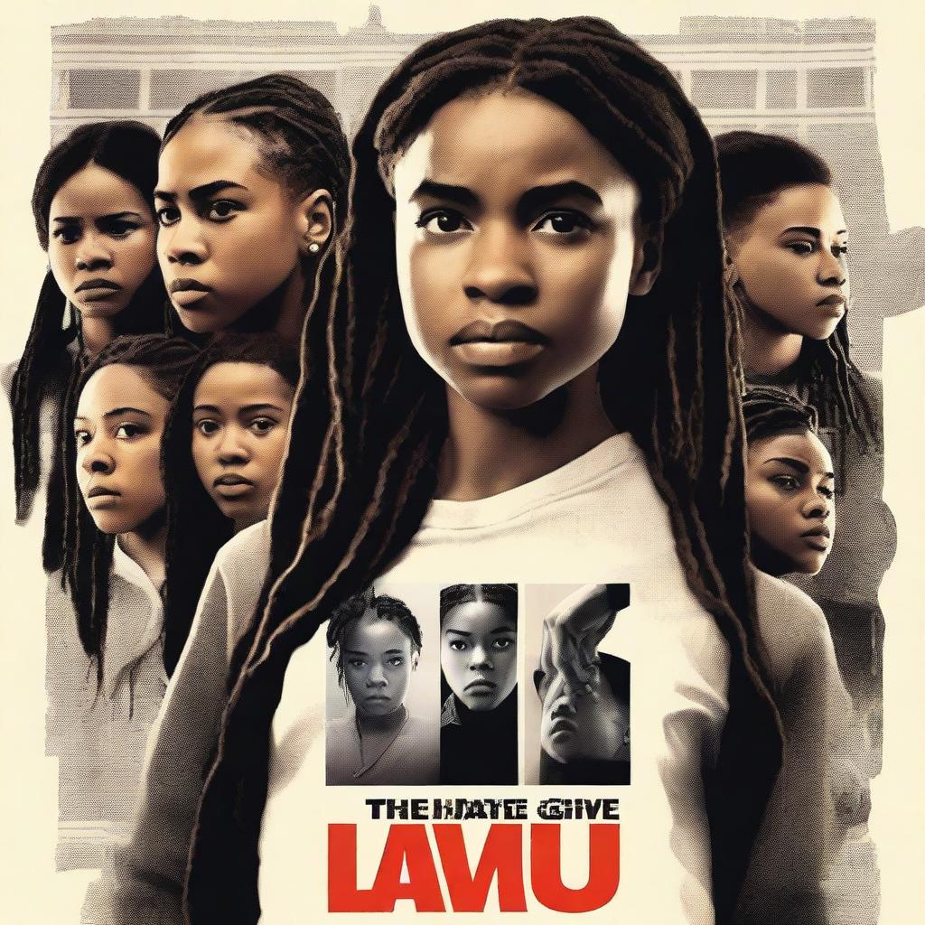 Create a movie poster for 'The Hate U Give' featuring 17-year-old Starr with long braids and a serious expression in the front