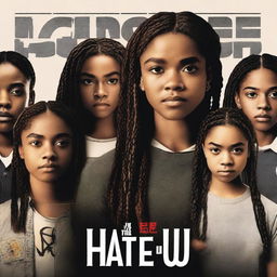 Create a movie poster for 'The Hate U Give' featuring 17-year-old Starr with long braids and a serious expression in the front