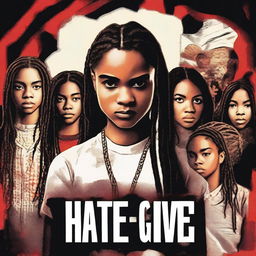 Create a movie poster for 'The Hate U Give' featuring 17-year-old Starr with long braids and a serious expression in the front