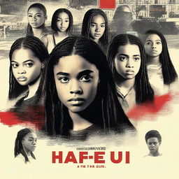 Create a movie poster for 'The Hate U Give' featuring 17-year-old Starr with long braids and a serious expression in the front