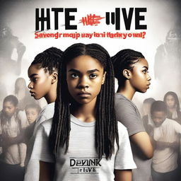 Create a movie poster for 'The Hate U Give' featuring 17-year-old Starr with long braids and a serious expression in the front