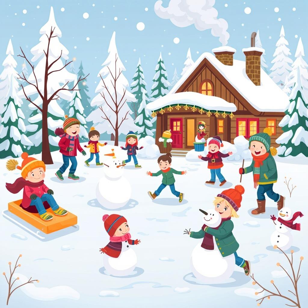 A vibrant and cheerful winter scene featuring a group of kids and adults enjoying various winter activities like sledding, ice skating, and building snowmen